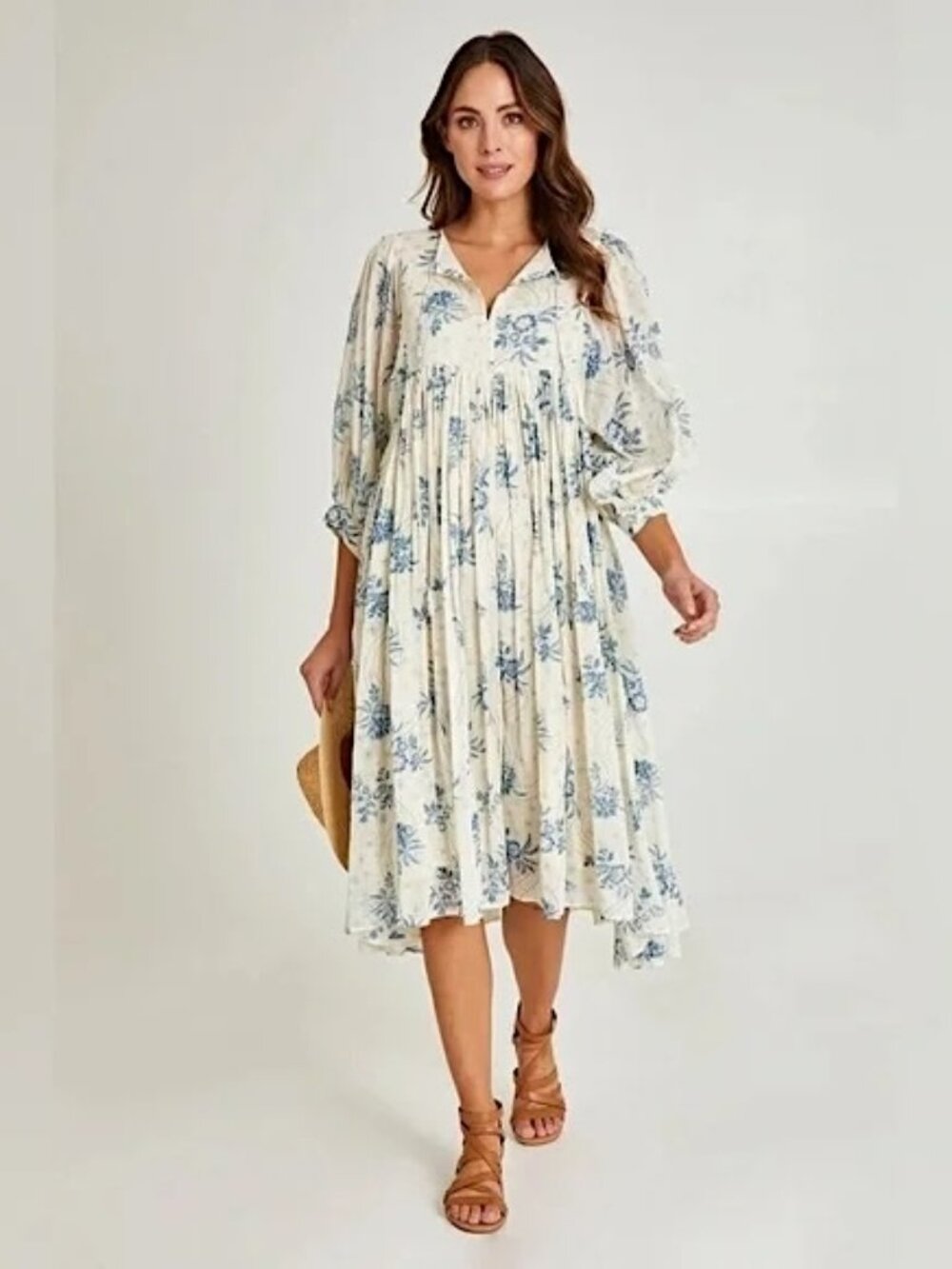 Talisman Flowy Cottage Core French Country Floral Bluebell Cream Peasant Dress